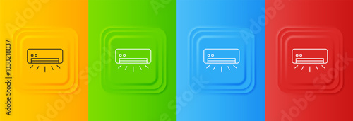 White Air conditioner icon isolated on colorful background. Split system air conditioning. Cool and cold climate control system. Set icons in square buttons. Vector