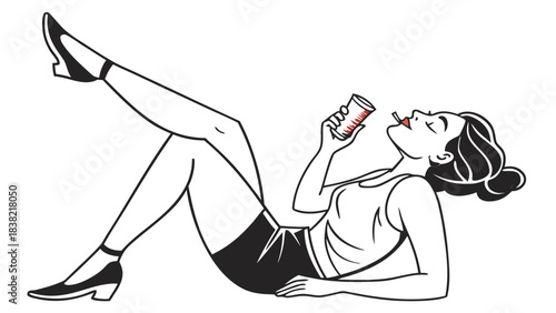 Woman lying down drinking from bottle, minimal line art fashion lifestyle illustration