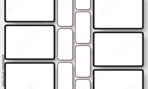 Horizontal tablets and phones with blank screens for showing app pages, site design and responsive interface previews