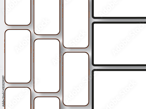 Phones and tablets with blank screens for showing mobile apps, site pages and interface ideas