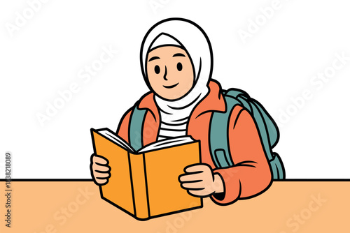 A young person wearing a hijab reads a book while carrying a backpack.