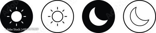 Sun and moon icons set. Weather forecast icons. Screen brightness and contrast level signs. Day and Night icon symbol
