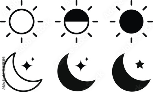 Sun and moon icons set. Weather forecast icons. Screen brightness and contrast level signs. Day and Night icon symbol
