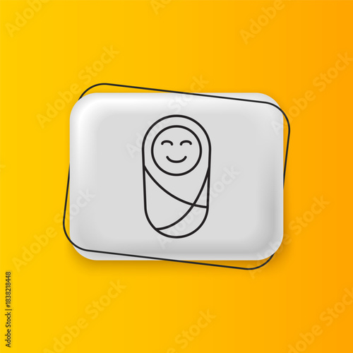 Black Newborn baby infant swaddled or swaddling icon isolated on yellow background. Baby kid child wrapped in blanket clothes. Silver rectangle button. Vector