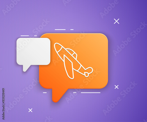 White Toy plane icon isolated on purple background. Flying airplane icon. Airliner sign. Orange speech bubble symbol. Vector