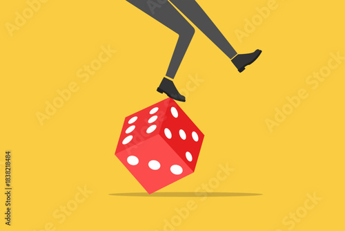 Greedy investor tries to balance himself by rolling unstable dice. Possibility of losing money. concept of Crisis monetary policy number below zero growth