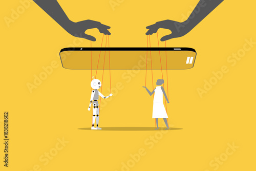 Controlling business woman and Artificial Intelligence with strings from a giant hand manipulating their moves. 3