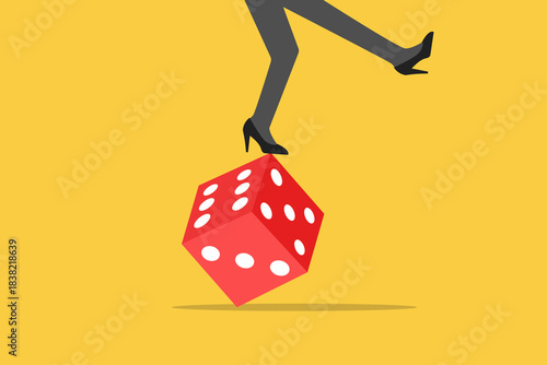 Greedy investor tries to balance herself by rolling unstable dice. Possibility of losing money. concept of Crisis monetary policy number below zero growth