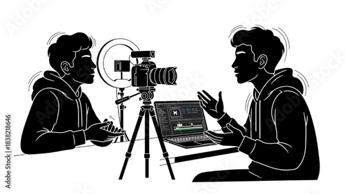 Content Creator Filming Vlog or Tutorial Silhouette Line Art with Camera and Laptop