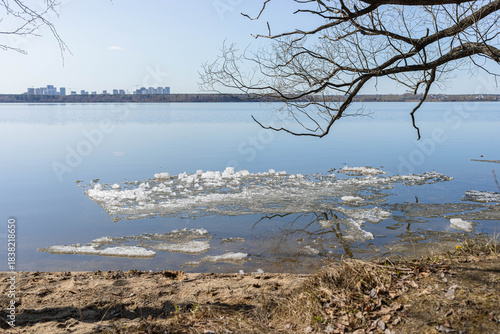 Serene lakeside scene featuring ice fragments floating on calm water, with a sandy shore and bare branches framing the view, evoking a peaceful spring atmosphere and natural beauty