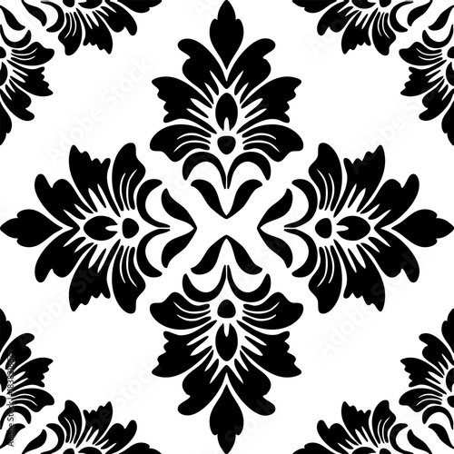 A seamless,modern black-and-white damask pattern featuring a symmetrical floral motif, Excellent for tiling backgrounds, fabric printing, packaging design, and contemporary interiors."