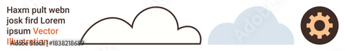 Cloud computing, automation, technology, storage, innovation, digital tools. Outlined and colored clouds alongside a gear symbol. Cloud computing and automation concepts for modern technology visuals