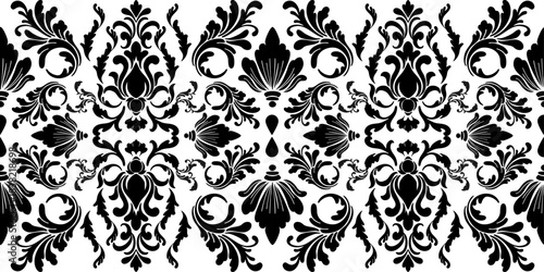 highly detailed,seamless ornamental border a traditional black-and-white damask motif with intricate floral and scroll elements. Ideal for decorative edges,headers,footer design,frame art