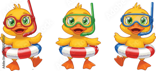 Three cartoon ducks wearing snorkels and swim rings ready for summer fun character animal