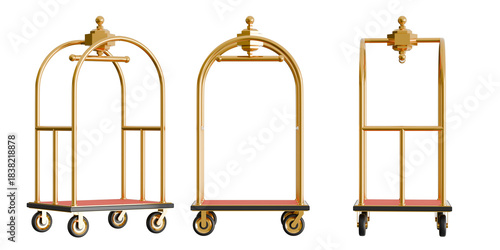 Fotografie Three views of a gold colored hotel luggage trolley with a red base: perspective