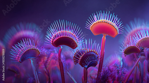 A stunning shot of Venus flytraps with vivid colors and intricate details. The plants are illuminated with purple and pink light, showcasing their unique structure