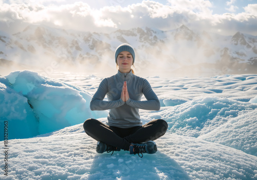 Woman meditating in a lotus pose on a vast snow-covered glacier. Practicing yoga in an extreme winter mountain landscape. Mindfulness and wellness lifestyle concept