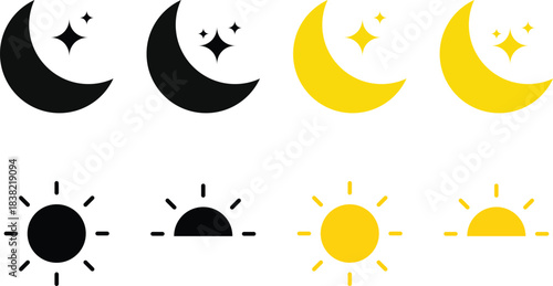Sun and moon icons set. Weather forecast icons. Screen brightness and contrast level signs. Day and Night icon symbol
