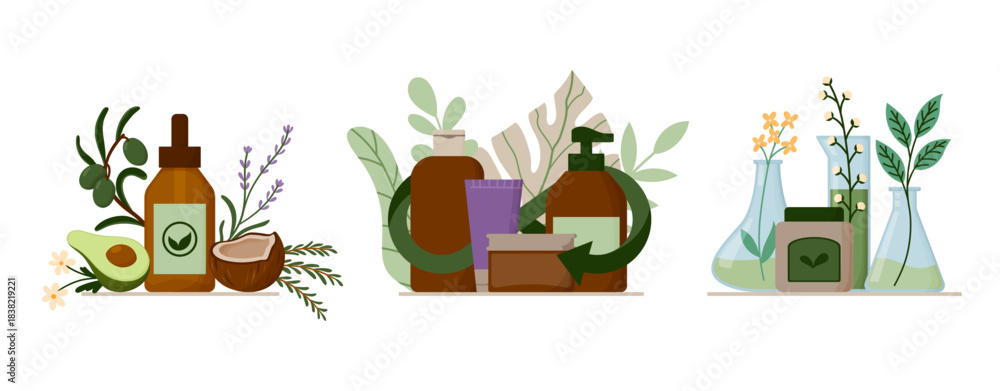 Fototapeta premium Eco and Ethical Cosmetics Illustrations Set. Containers with recycle arrows, Natural Eco Cosmetics Glass Dropper Bottle with Organic Ingredients Around, Glass Laboratory Beakers and Flasks