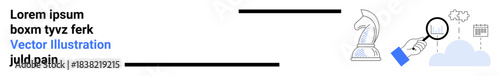 Business strategy, competitive planning, decision-making, analysis, investigation, cloud computing. Chess knight, magnifying glass on a cloud. Business strategy and competitive planning concept
