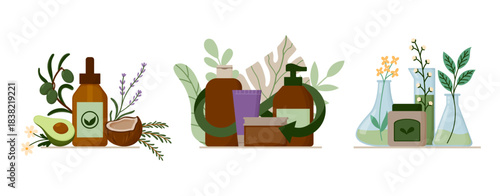 Eco and Ethical Cosmetics Illustrations Set. Containers with recycle arrows, Natural Eco Cosmetics Glass Dropper Bottle with Organic Ingredients Around, Glass Laboratory Beakers and Flasks