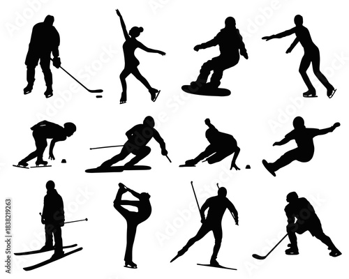 Winter Sports Silhouettes Set – Skiing, Snowboarding, Ice Skating, Hockey. Collection of black silhouettes of winter sports athletes, including skiing, snowboarding, ice skating, figure skating
