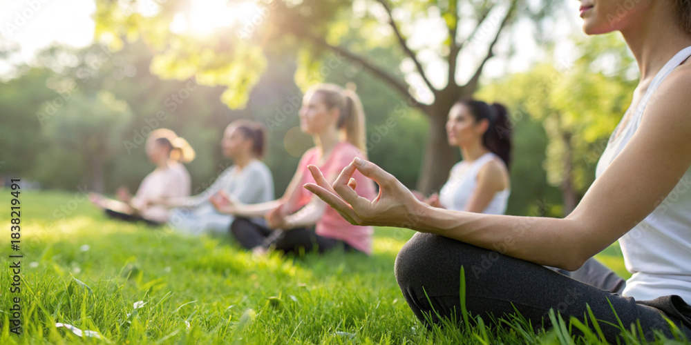 Fototapeta premium Background of mental states. Group of people practicing meditation or yoga in the park for relaxation and mindful therapy amidst nature in the morning