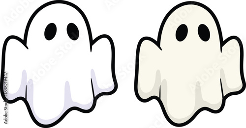 Two cartoon ghosts, one white and one cream colored, with black eyes character halloween