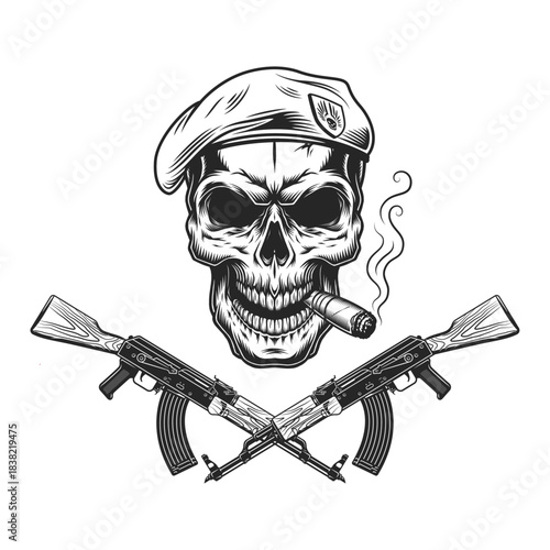 Grinning skull wearing military beret with crossed rifles vector isolated on white background, Vector