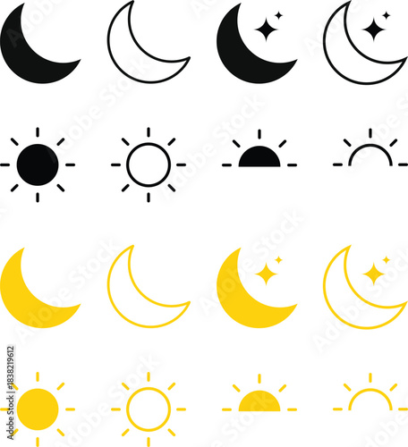 Sun and moon icons set.  Daylight and darkness icons. Day and Night icon symbol. Rising and setting sun. Screen brightness and contrast level signs
