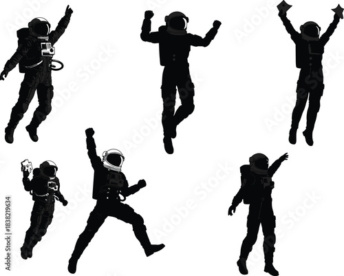 Astronaut silhouettes in celebratory poses, space exploration illustration set, zero gravity motion artwork, science and technology design, cosmic achievement concept