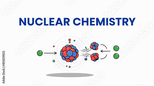 Visual and schematic vector illustration showing the concept of Nuclear Chemistry and Nuclear Fission reactions.