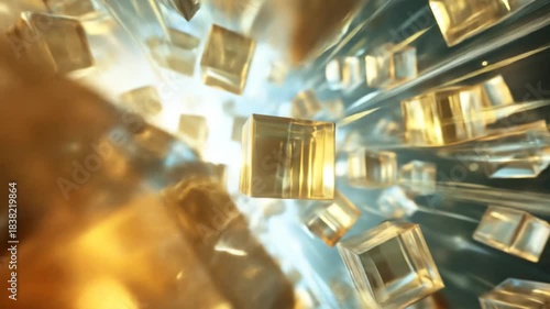 Abstract gold cubes floating with lens flare for digital visuals