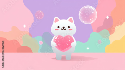 Wallpaper Mural Cute white cat holding pink heart with love in pastel colorful background with bubbles and cheerful expression Torontodigital.ca