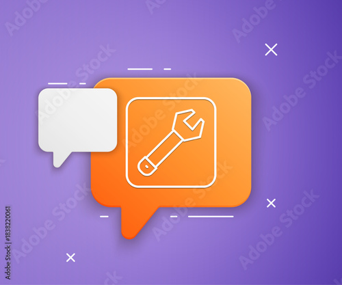 White Wrench spanner icon isolated on purple background. Spanner repair tool. Service tool symbol. Orange speech bubble symbol. Vector