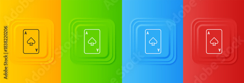 White Playing card with spades symbol icon isolated on colorful background. Casino gambling. Set icons in square buttons. Vector
