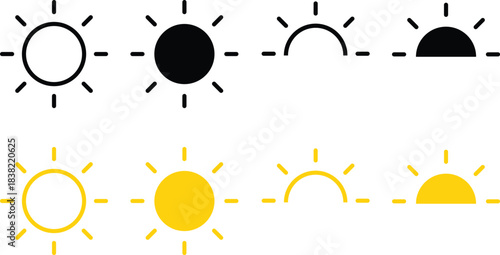 Sun  Icon Set. Day  symbols. Weather and space signs. Weather forecast icons. Celestial time cycle design
