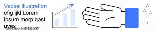Business strategy, success, growth, analytics, teamwork, future goals. A bar chart, hand and abstract upward arrows. Business growth and strategy concept