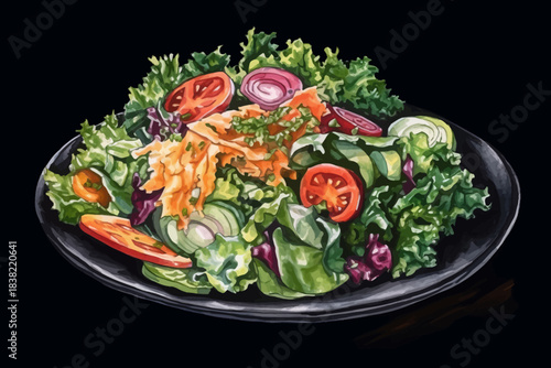 Fresh Vegetable Salad with Lettuce, Cucumber, Tomato and Carrot on Plate, Black Isolated Background, Vector Illustration