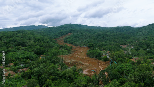 Photography Large Hillside Landslide Impacting Rural Community in Majenang, Cilacap