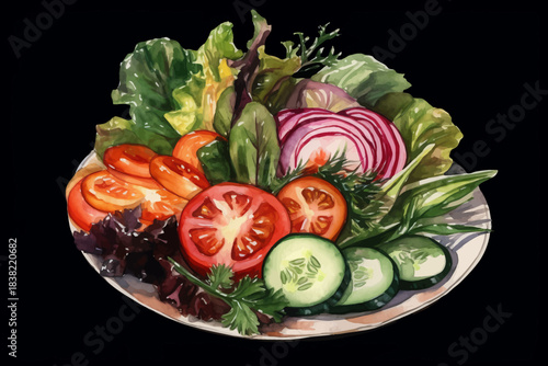 Fresh Vegetable Salad with Lettuce, Cucumber, Tomato and Carrot on Plate, Black Isolated Background, Vector Illustration