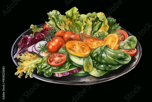 Fresh Vegetable Salad with Lettuce, Cucumber, Tomato and Carrot on Plate, Black Isolated Background, Vector Illustration