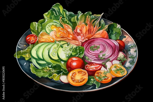 Fresh Vegetable Salad with Lettuce, Cucumber, Tomato and Carrot on Plate, Black Isolated Background, Vector Illustration