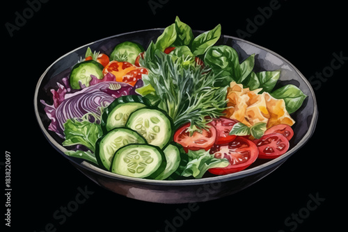 Fresh Vegetable Salad with Lettuce, Cucumber, Tomato and Carrot on Plate, Black Isolated Background, Vector Illustration
