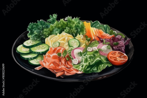 Fresh Vegetable Salad with Lettuce, Cucumber, Tomato and Carrot on Plate, Black Isolated Background, Vector Illustration