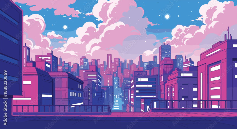 Fototapeta premium Stunning vaporwave cityscape panorama with vibrant pink and blue synthwave clouds over modern urban skyline