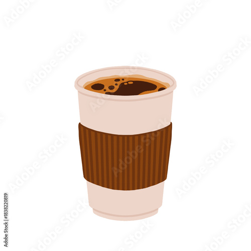 Takeaway paper coffee cups. Takeout hot drinks to go in paper mugs with lids and sleeves, zarf. Take-away tea and coffee on holder. Flat vector illustration isolated on white background