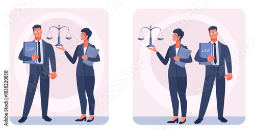 A male and female lawyer in business suits holding the scales of justice and a law book. Concepts of law and justice, legislation, and legal and attorney services in court. Vector illustration.