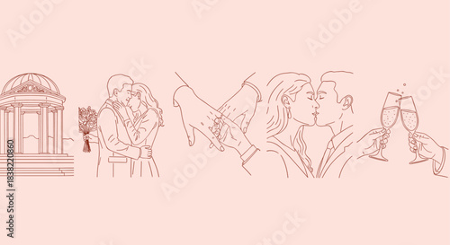 Elegant line art sequence captures the romantic journey from proposal moment to joyous wedding celebration toast