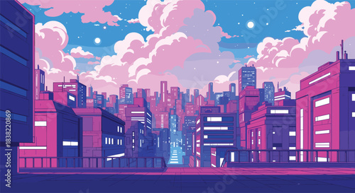 Stunning vaporwave cityscape panorama with vibrant pink and blue synthwave clouds over modern urban skyline
